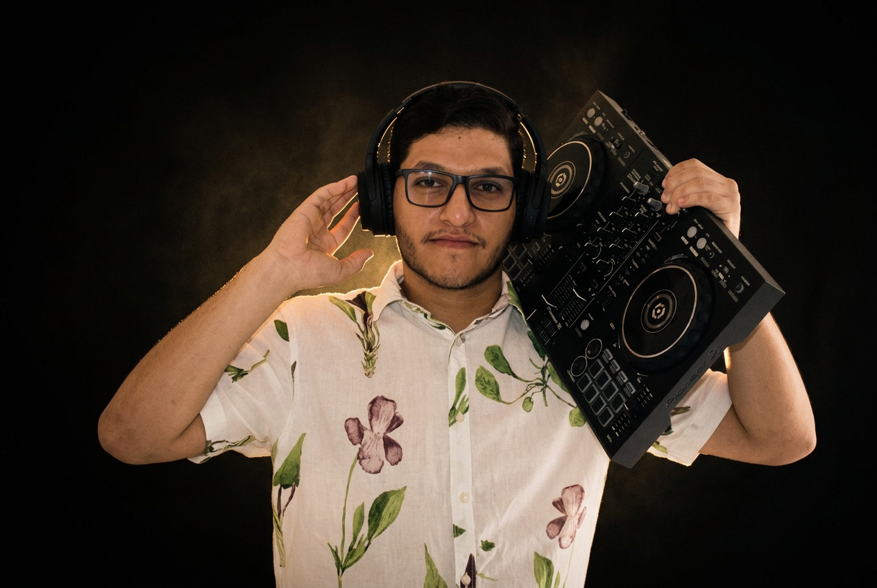 DJ Neto de fones, segurando o controle de DJ no ombro, em retrato com fundo escuro e luz dourada